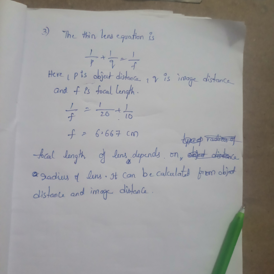3) The thin lens e9uaton LS and fRs focal lengh 26 LO agadus d lans·It can be calculat』 muld Stanlu and im