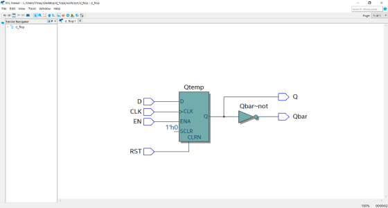File Edit View Tools Window Help Page 1 of 1 ..İNetlistNavigator d flop:1 + ad-flap Qtemp Qbar-not CLK CLK ENA SCLR Qbar 1hO