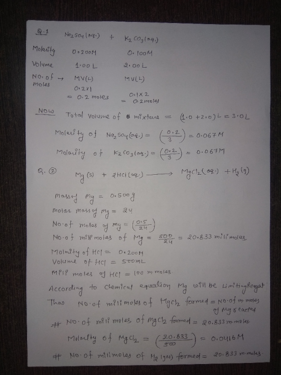 Molan MvLL) No. of MV(L) moles No uy 0 067 M 2 193 ) No.of males 염rng= ( t-tgeh formed=No.of m molot will8rn o led of Ther)