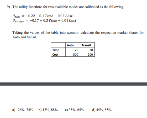 9) The utility functions for two available modes are calibrated as the following: Unto =-0.22-0.1 Time-0.02 Cost UTransit-_0.