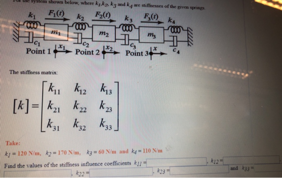 ystem shown below, where kjk2. k3 and k4 are stiffnesses of the given springs kFi(t) m2 ms Point 1 +x1-point 2P-Point 3-c4 Th