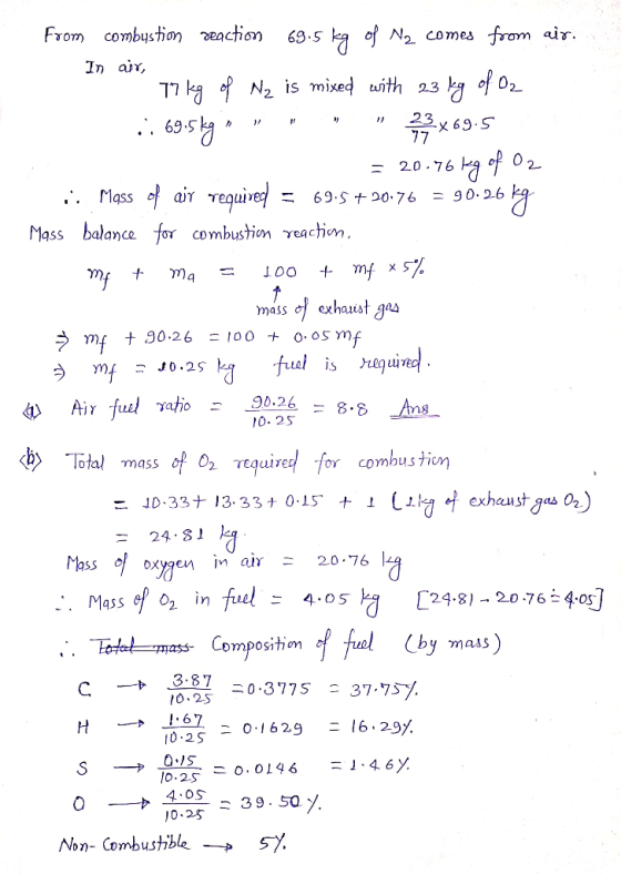 From combustion eaction from air 69.5 kaof N2 comes In air, 02 77 k N2 is mixed uith 23 23 -x 69 S 695 of O 2 20.76 тедайер M