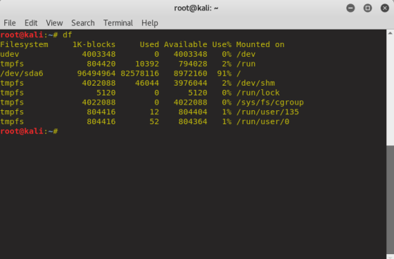 root@kali: File Edit View Search root@kalǐ:~# df Filesystem udev tmpfs /dev/sda6 tmpfs tmpfs tmpfs tmpfs tmpfs root@kali: ~#