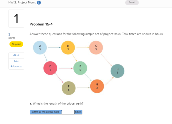 HW12: Project Mgmt。 Saved Problem 15-4 Answer these questions for the following simple set of project tasks. Task times are s