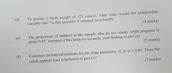 (d) To predict a birth weight of 125 ounces, what value would the independent (4 marks) (e) The proportion of mothers in the