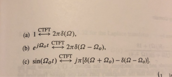 CTFT 2πδ(Ω), ( a ) 1 CTFT 2πδ (Ω-2), (b) ei2ot CTFT jπ ίδ(Ω+ Ω0)- δ(Ω-Ω0. (c) sin (Ωot)