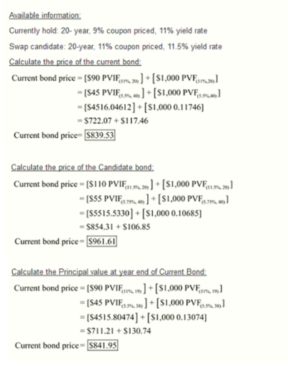 Available information Currently hold 20-year, 9% coupon priced, 11% yield rate Swap candidate: 20-year, 11% coupon priced, 11