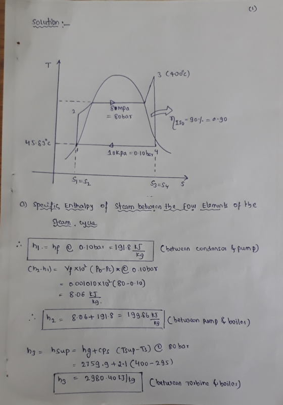 CI Soluhon 3 (400c) = 8obar 45.8390 A A0kpa = 0 10 ba9 S1=S S3=Sy a) Spefic Enthalpy o Steam betweon the four Elomun t of tbe