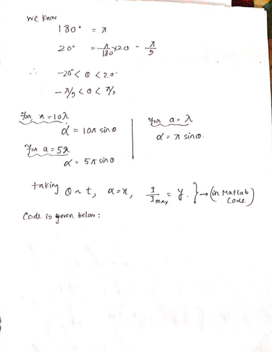 we knaw 180 20 -20 20 d =1OA Sin o - sino ar5A taking on t, a -X, n in Matlab Code Imay Codi is ven belaw