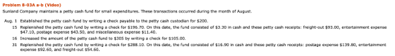Problem 8-03A a-b (Video) Sunland Company maintains a petty cash fund for small expenditures. These transactions occurred dur