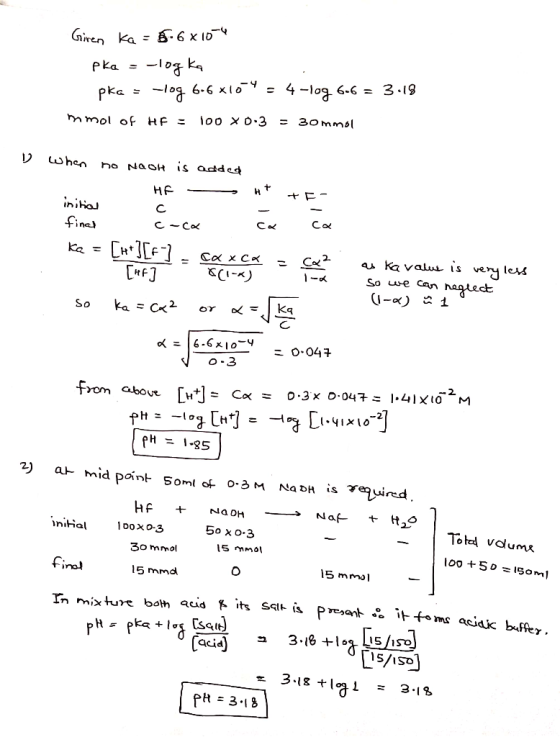 ne rom abov pH 1-85 mid Pank 50ml of 0.3 M NabH is ve ured 50 χ 0.3 nihal 5 mma1 /final 5 mmd acid = 3.lgt log1 = 3.13 PH 3-1