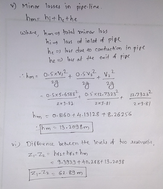 v) Minor losses pipe-line hm hit hethe helby at the exid pipe 2 2 2 23 3 3 2 2 2. 12.7322 2 x9 81 2 xg.8 km-0,8160十4.13128十8.