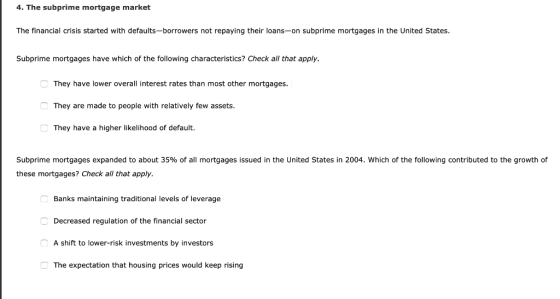 4. The subprime mortgage market The financial crisis started with defaults-borrowers not repaying their loans-on subprime mor