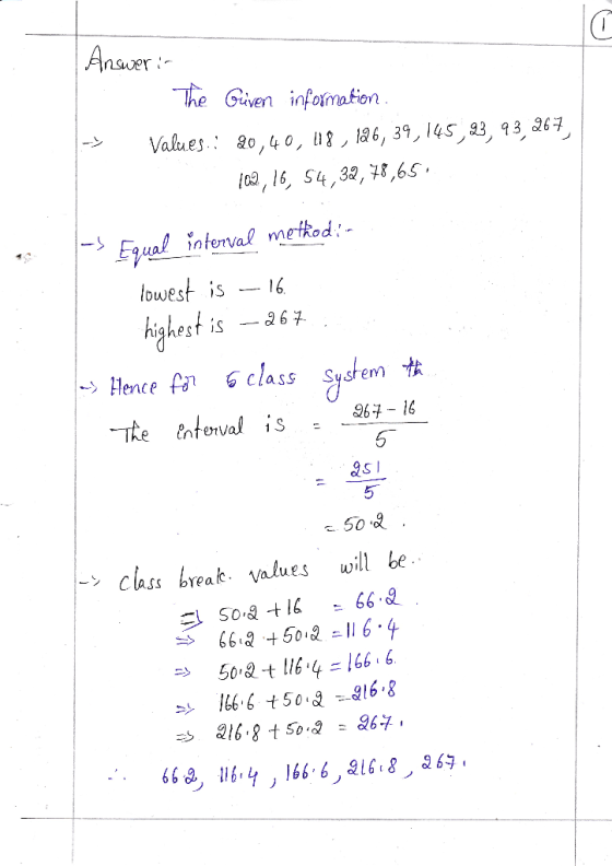 TheGiven nfomation 102, 16, S4,32, 18,65 owest is 16 highest is a67 Hence class Susterv 女 6 50.& >class break. Values will be