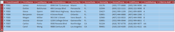 FranchiseelD ▽| FirstName ▽| LastName ▽| HomeAddress HomeCity ▽| HomeState ▽| HomeZip ▽| HomePhone Miami Cellphone ▽| Credi