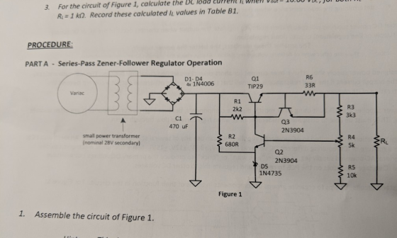 the Be loda euprent wNEN D 3. For the circuit of Figure 1, calculate R 1 kQ. Record these calculated I values in Table B1. PR