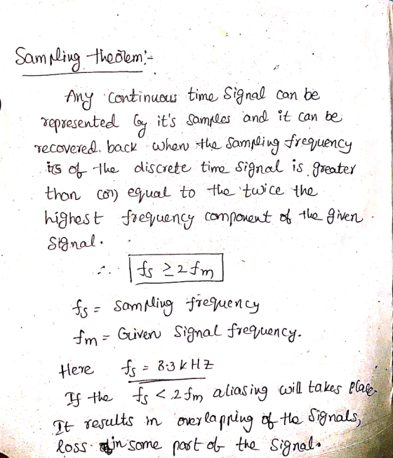 Any continuou time Signal ca be epesenteel its amtles and it can be necoveres. back when e Somling freguenc is fthe dliscret
