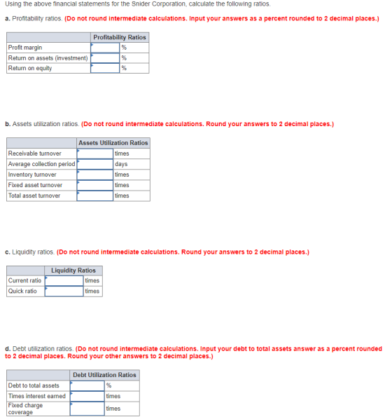 Using the above financial statements for the Snider Corporation, calculate the following ratios a. Profitability ratios. (Do
