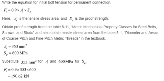 Write the equation for initial bolt tension for permanent connection. Here, A, is the tensile stress area, and Sp is the proo