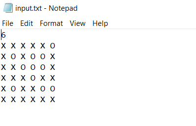 |input.txt Notepad File Edit Format View Help хххXхо хохоох ххооох хххохх хоххоо ххXXXX