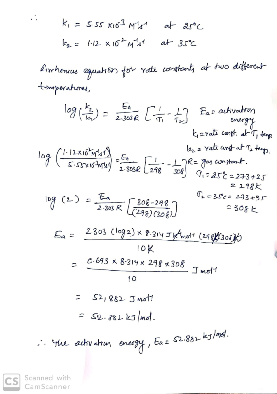 Awhemmus log ogC ς.sswghTS),2.3osel, 298.30) (7,:2rt 273 2.5 2 218 Ea 2.303 K248) (308 ー 0.693 x 8.3 lyx 298x308 1 0 ,. YAL