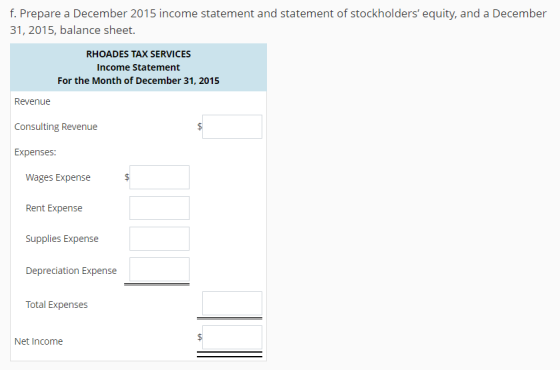 f. Prepare a December 2015 income statement and statement of stockholders equity, and a December 31, 2015, balance sheet. RH
