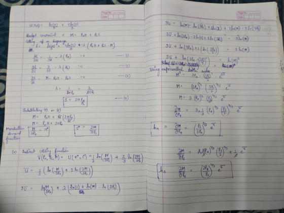 Page No Date Pape N Date 30 = Pn(M)n (3P)2, ) +n-n(a8) 6) 30 In a-2 me)+ 2In( 32) MPrH + PS Budget Censteaint 33n (H) Ming uf