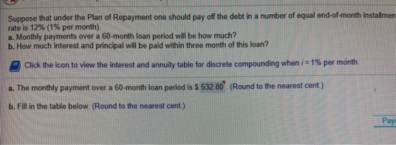 Suppose that under the Plan of Repayment one should pay off the debt in a number of equal end-of-month installmen rate is 12%