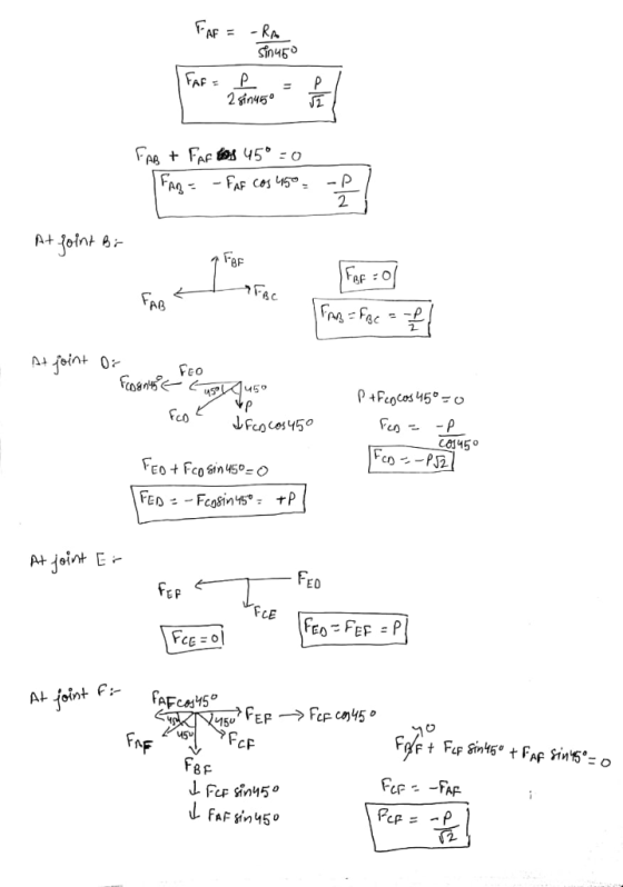 AF - RA Sin450 P 2 giny50 FAF= - P Fag= - FAF Cos 45. Joint A+ FRE Fec FAB FEO Foants s 45° P+Feocos45o JFcocos450 CO345° Fcn
