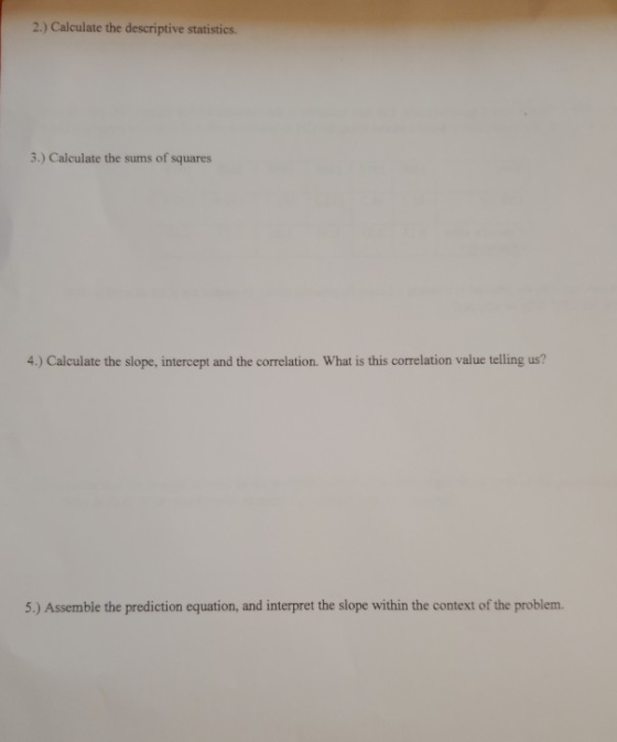 2.) Calculate the descriptive statistics. 3.) Calculate the sums of squares 4.) Calculate the slope, intercept and the correl