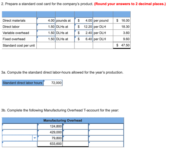 2. Prepare a standard cost card for the companys product. (Round your answers to 2 decimal places.) Direct materials Direct