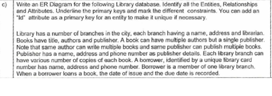 c) Write an ER Diagram for the following Library database. Identify all the Entities, Relationships and Attributes. Underline