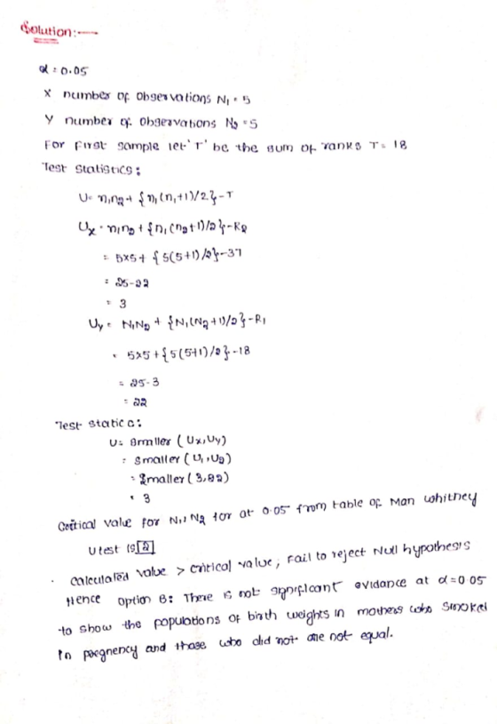 olution o0.05 X numbes of obsevations Ni5 Y number o. obaeavations N5 For Fist Sample etr be the Bum o TaNKs T: 18 Test Stat