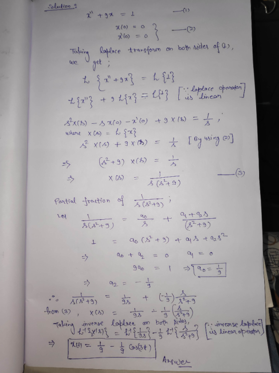 Solution T+97 T = -C2) Taking Caplrce transforn get; on both sides of, Lineor -xlo) - x (o) 9 X (8) shere x Ce) = X() 9 x (3