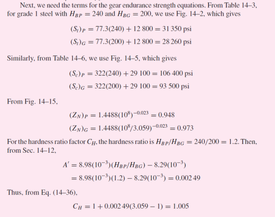 Next, we need the terms for the gear endurance strength equations. From Table 14-3, for grade 1 steel with HBp 240 and HBG =