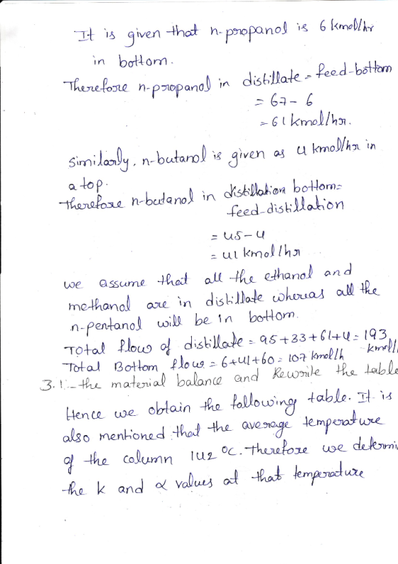 It is qiven that npropanol i 6 kmol in bottom Therefosre n-piopana in dstllate- feed-bottm 61kmal/h kmolh Similoly nbutarol i