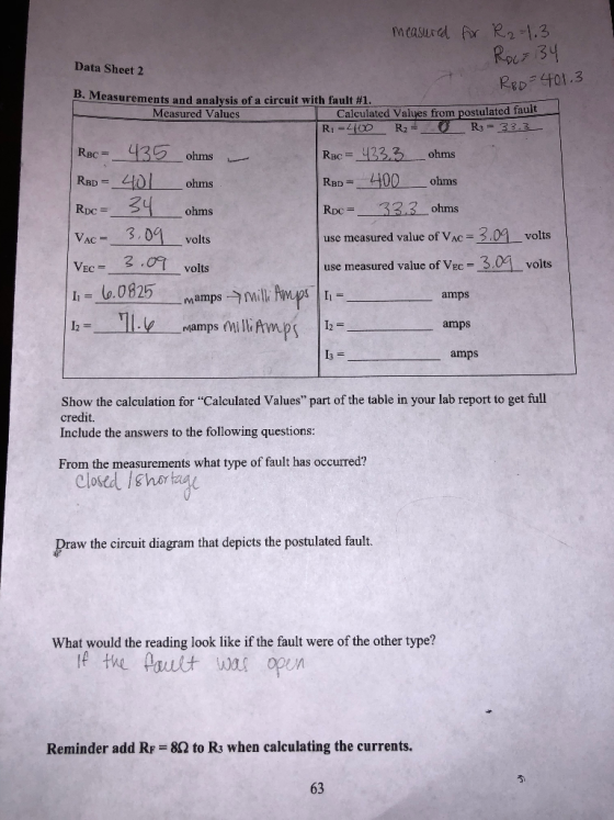mtasured fr R2-1.3 Ro 34 Data Sheet 2 RED401.3 B.Measurements and analysis of a circuit with fault #1 Calculated Values from