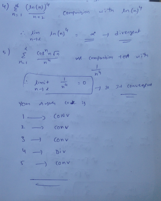 4) (In (n))4 ith An (n)7 Comparinion n- 1 divengent 7-4 Cos n Companision tet wit n I 2d Convened n So (o ce Yom CONV Con v C