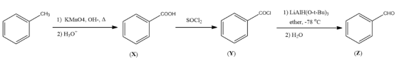 CH3 COOH COCI 1) LiAIH (O-t-Bu)3 CHO 1) KMnO4. OH-, Δ SOC2 ether, -78°C 2) H3o 2) H2O