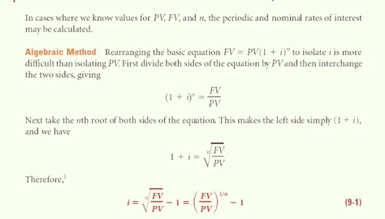 ncise sharewe knouw vcmiat Algebraic Method Rearranging the basic equation FV = PV(I + i) to isolate i is more difficult tha