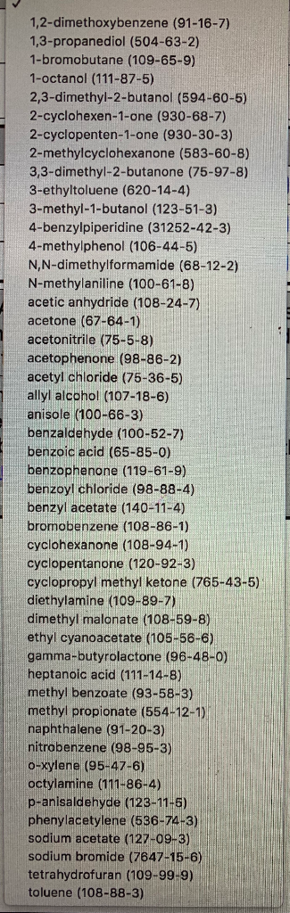 1,2-dimethoxybenzene (91-16-7) 1,3-propanediol (504-63-2) 1-bromobutane (109-65-9) 1-Octanol (111-87-5) 2,3-dimethyl-2-butano