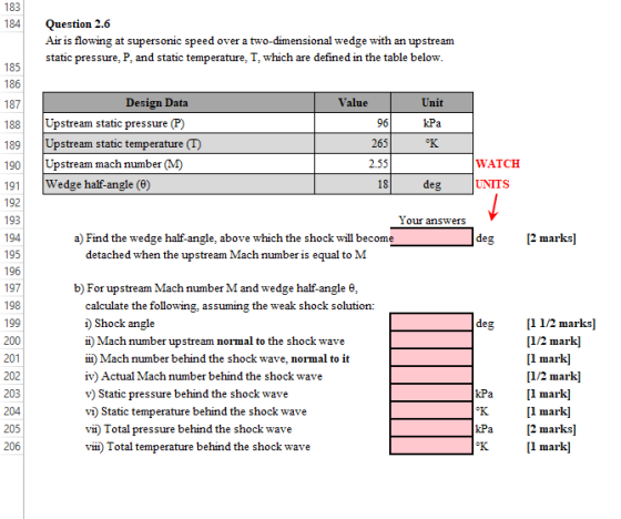 183 184Question 2.6 Air is flowing at supersonic speed over a two-dimensional wedge with an upstream static pressure, P, and