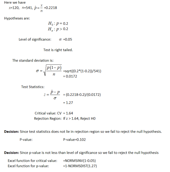 Here we have n=541, p- 1-120, =0.2218 Hypotheses are Но: р-0.2 Ha:p>0.2 Level of significance : α-0.05 Test is right tailed T