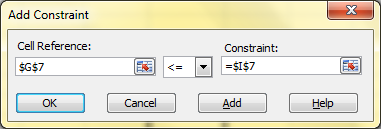 Add Constraint Cell Reference: Constraint: $G$7 Cancel Add Help OK