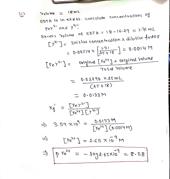 1 mL Volume concentrations of EDTA IS In exess. calculot 2- ahd Fey 1 Exces s Volumo o4 EDTA = 18 - 16 a9 Ini tlal concen tat