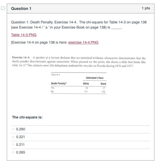 1 pts Question 1 Question 1: Death Penalty. Exercise 14-4. The chi-square for Table 14-3 on page 138 (see Exercise 14-4 /a