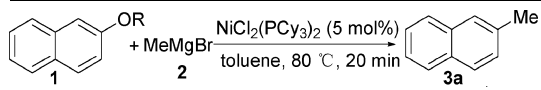 Me OR NiCl2(PCy3)2 (5 mol%) MeMgBr toluene, 80 C, 20 min 2 1 3a