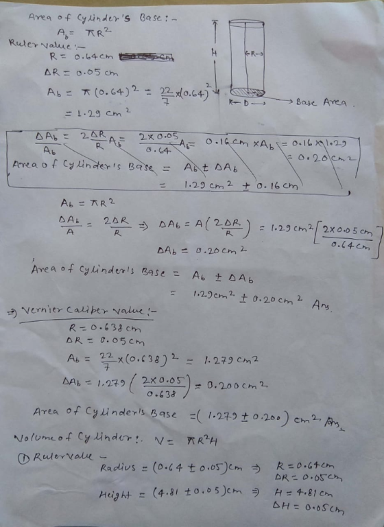 Area of Cy inder s Ba se:- A AR2 Ruler Nalue R- R= 0.64Cm AR=0.05 cm 2. T (0.64) 2 Ab= Base Area -1.29 Cm 2 2AR RAb A Ab= 2x