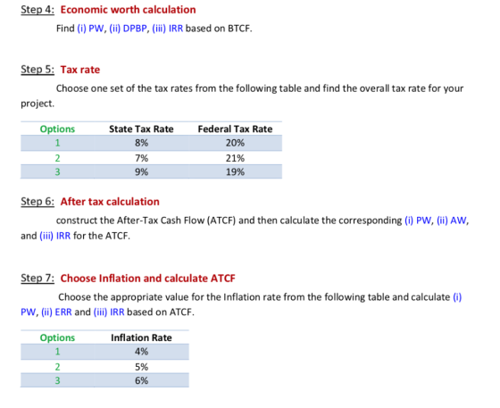 Step 4: Economic worth calculation Find (i) PW, (ii) DPBP, (iii) IRR based on BTCF Step 5: Tax rate Choose one set of the tax