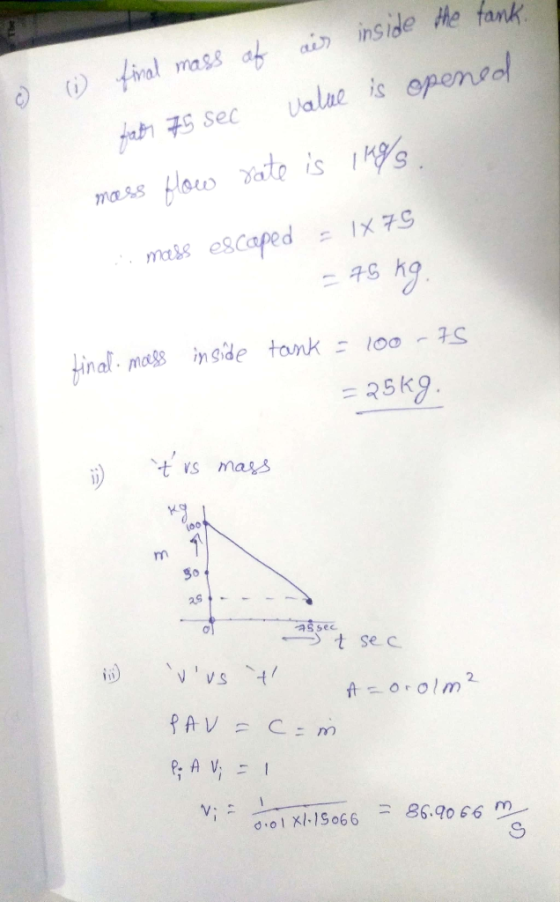 inside He fank mass af ain tiral Ualue is openeol Aratr Sec mass escaped =IX79 ma&s hg Hinal mass in Side tamk 100-S = 25K9.